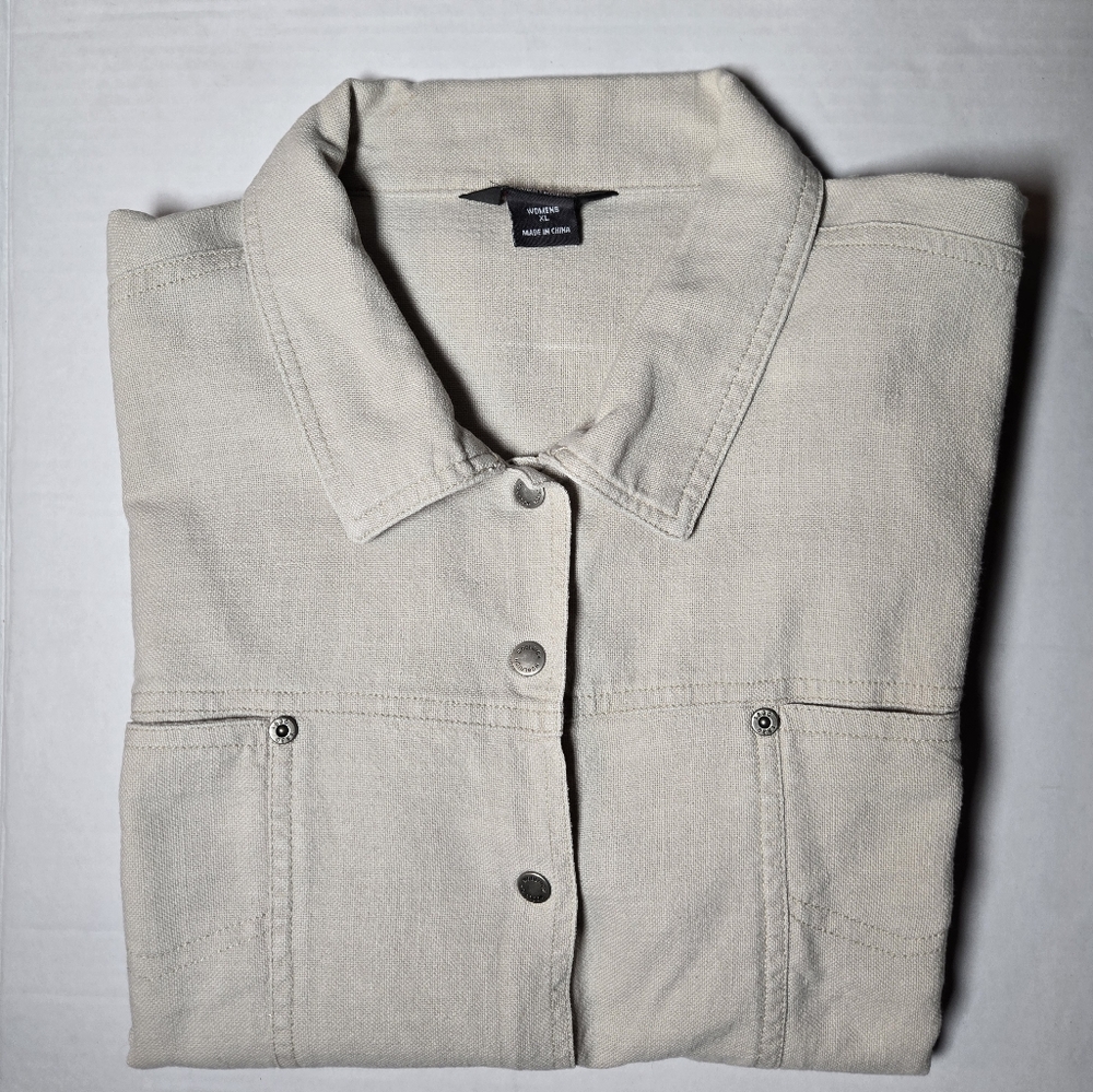 Woolrich Womens XL Cream Stone Button-Up Shirt Jacket Canadian 100% Cotton